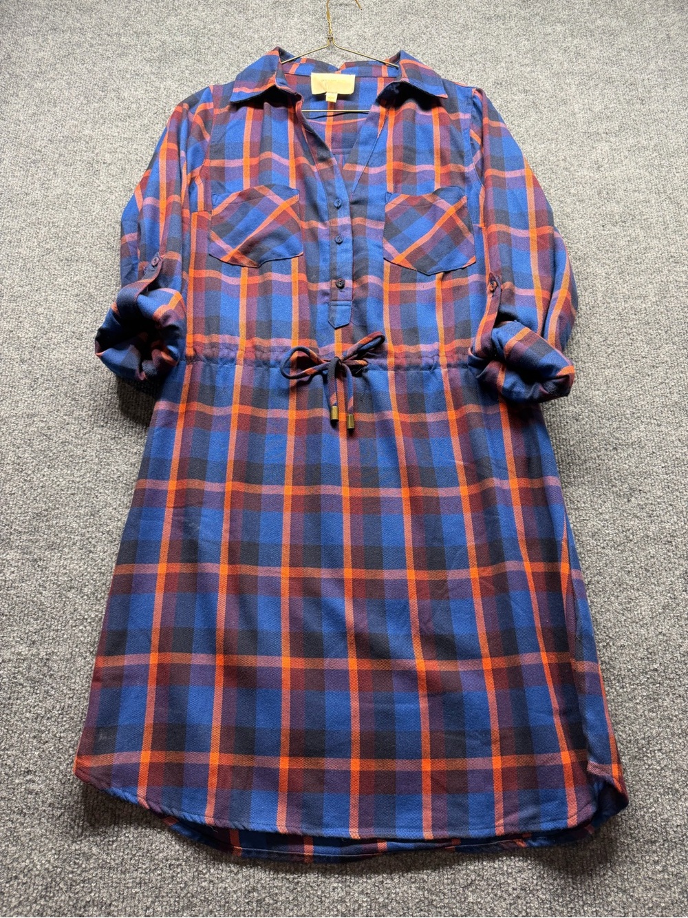 Skies Are Blue Navy Blue and Orange Plaid Drawstring Shirt Dress